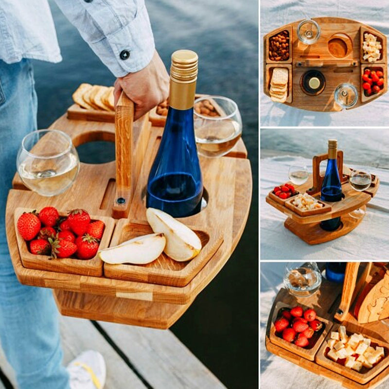 Portable Wine & Snack Tray with Carry Handle for Outdoor Picnics, Beach Days, Park Outings & Patio Gatherings | Solid Wood Serving Caddy