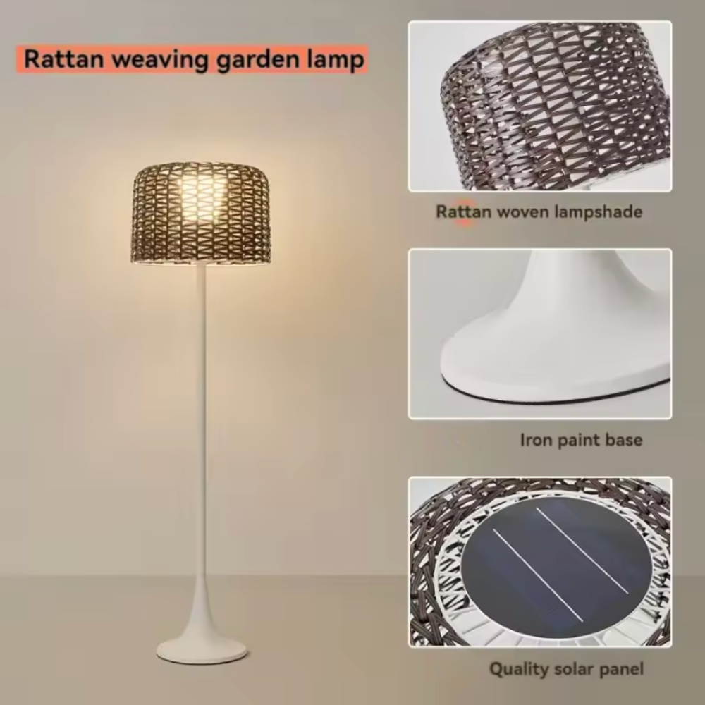 Elegant Solar Outdoor Floor Lamp with Integrated LED & Woven Shade for Ambiance
