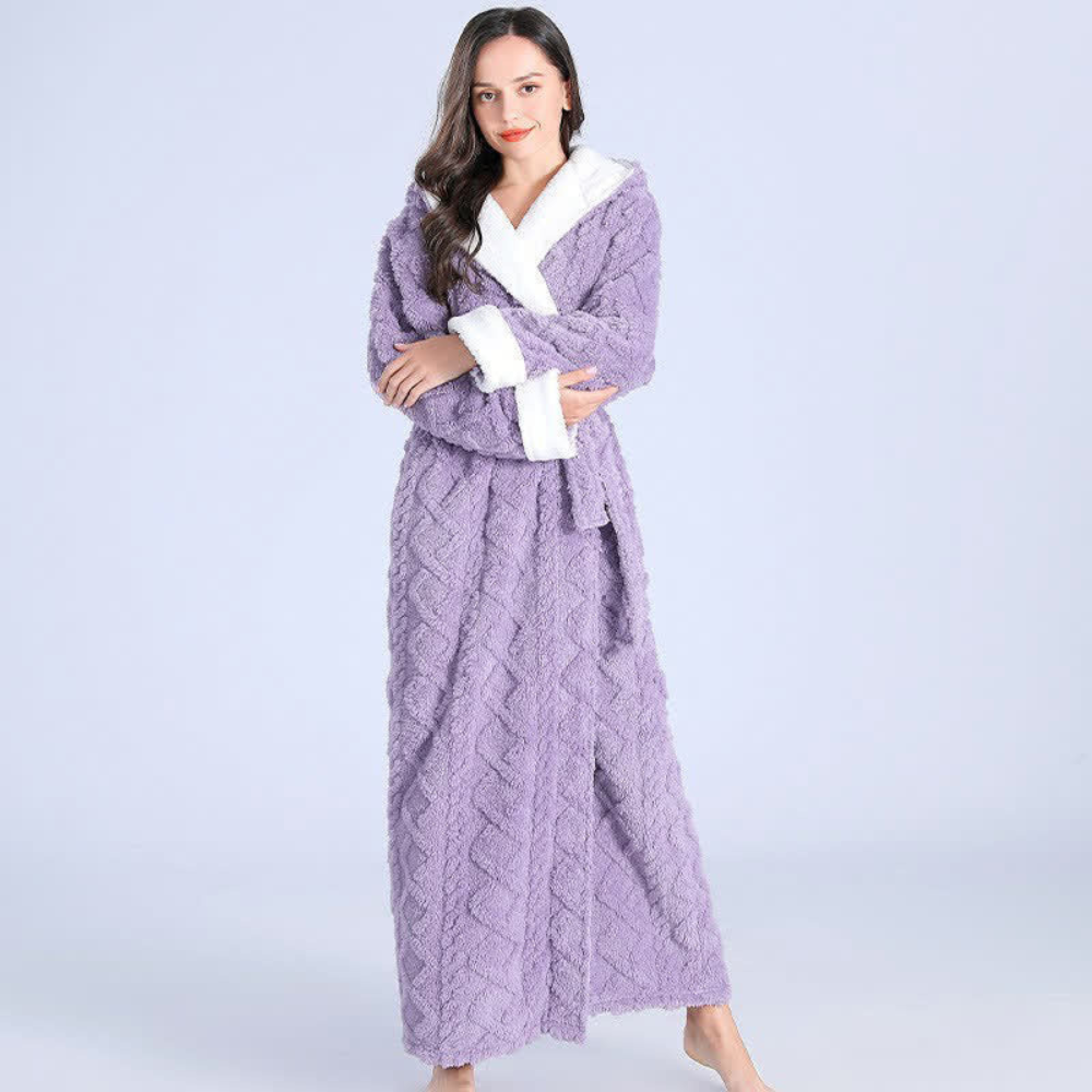 Women's Hooded Fleece Bath Robe with Pockets Long Soft Loungewear for Home & Spa Gray Pink Purple Green Winter Wrap