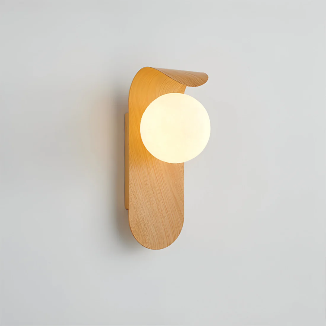 Modern LED Wall Sconce with Curved Wood Arm & Frosted Globe – Warm White Light for Bedroom, Living Room & Hallway – Natural or Walnut Finish
