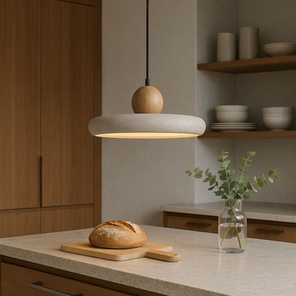 Stone & Wood LED Hanging Fixture 12 Inch Beige for Kitchen Islands, Dining Tables & Breakfast Nooks | Adjustable Cord Minimalist Overhead Il