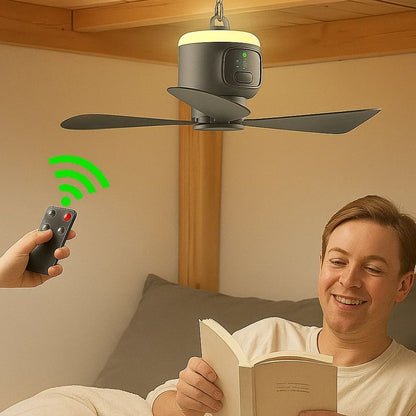 Portable Remote-Control Ceiling Fan with LED Light & 30-Hour Battery Life | Compact Design for Home & Travel