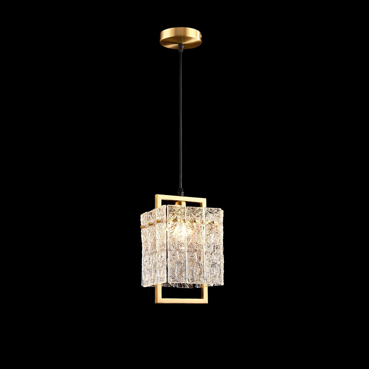 Square Cage Pendant Light Fixture with Textured Glass Shade & Gold Frame for Dining Room, Kitchen Island, Bedroom