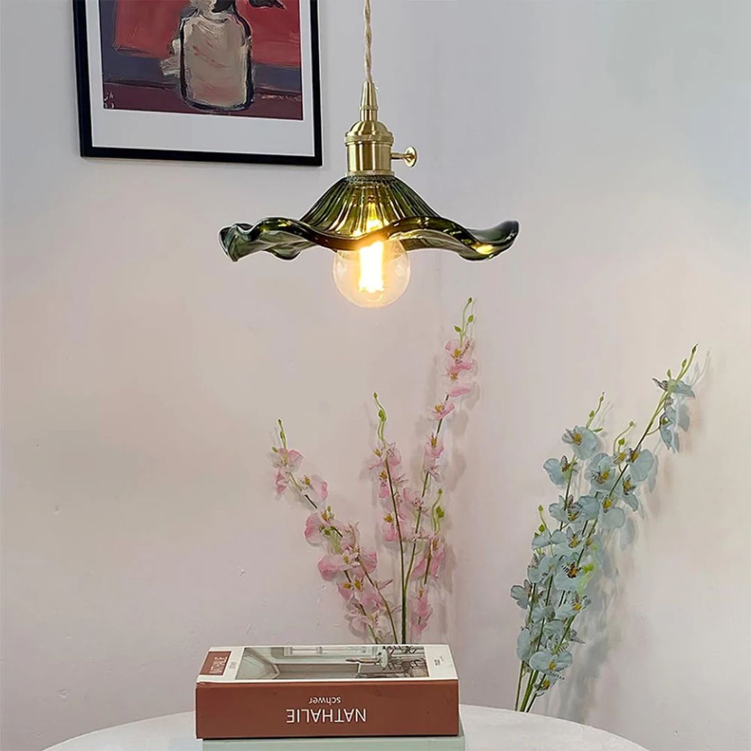 Glass Ceiling Light with Sculptural Ripple Edge – 9 in Hanging Fixture with Metal Hardware for Kitchen, Dining Area, or Bedroom – Adjustable