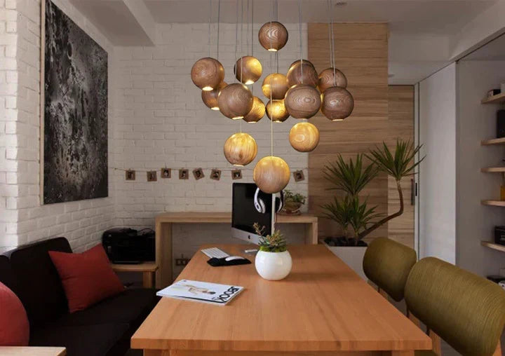 Natural Wood Sphere Pendant Light | Modern Globe Drop Ceiling Lamp for Kitchen Island, Dining Room, Living Room & Restaurant | Adjustable