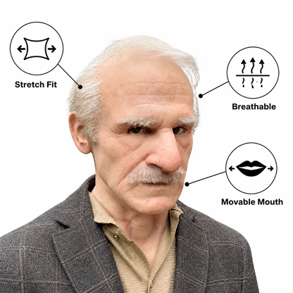 Elderly Character Latex Full-Head Costume Mask with Movable Jaw for Halloween, Theater, and Cosplay