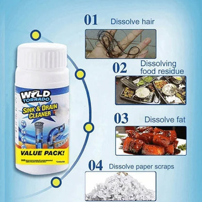 Enzymatic Foaming Powder Pipe Opener for Kitchen & Bathroom Drains, Clears Hair & Grease Clogs, Safe Non-Corrosive Formula for All Plumbing,
