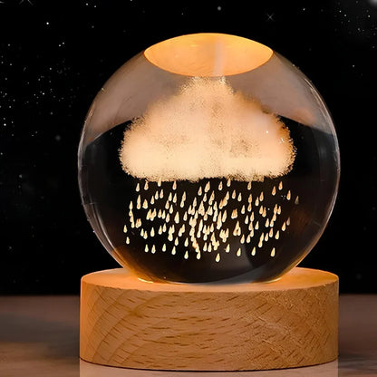 3D Engraved Crystal Planet Sphere Night Light on Wood Base USB Powered Desk Lamp Warm White LED Glow for Bedroom Living Room Nursery Space