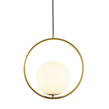 Curved Glass Hanging Fixture with Metal Frame – 15W Suspended Lighting for Contemporary Interiors – Amber Globe Shade Ceiling Mount for Dini