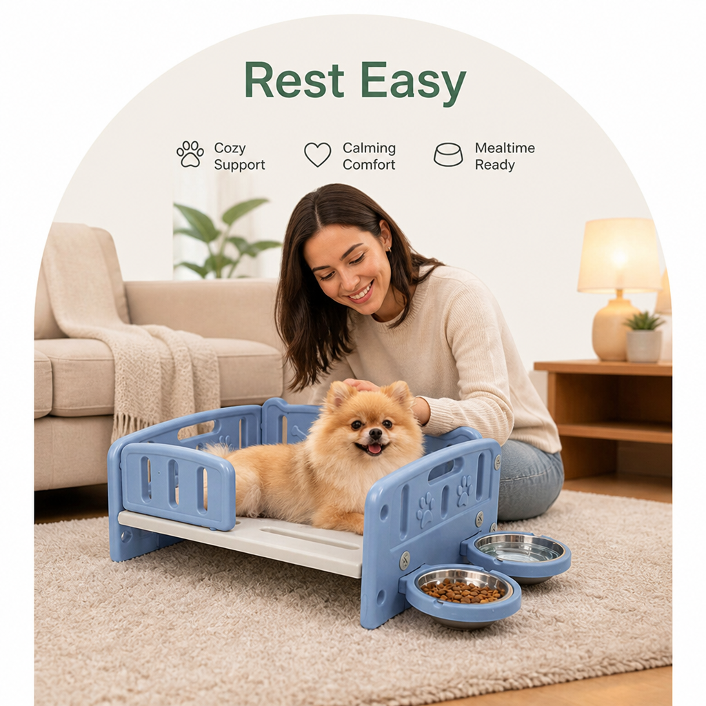 Ortekor Orthopedic Elevated Entry & Calming Plush Pet Sofa (Includes Bowl)