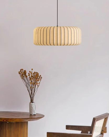 Fabric Drum Shade Hanging Light 22-Inch Neutral Tone for Dining Room Kitchen Island Modern Japandi Style E27 Socket
