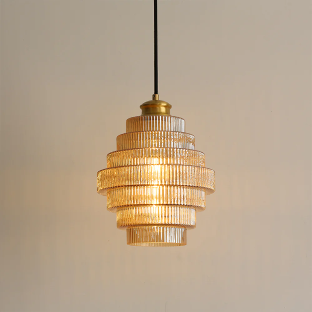 Tiered Glass Shade Ceiling Drop Light with Metallic Trim for Kitchen Islands & Eating Areas