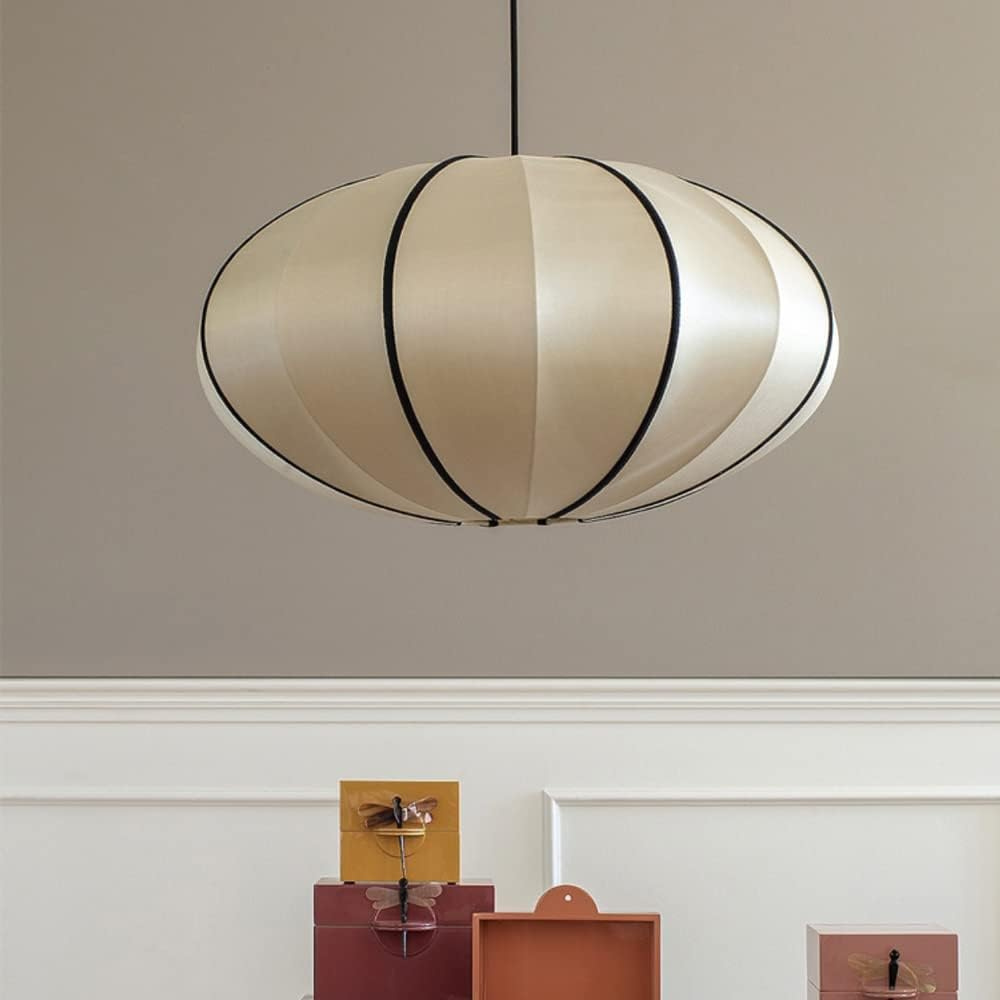 Fabric Ceiling Light 16-Inch Orb Shade for Dining Room Bedroom Kitchen Island White Silk Hanging Fixture E27 Socket Adjustable Height