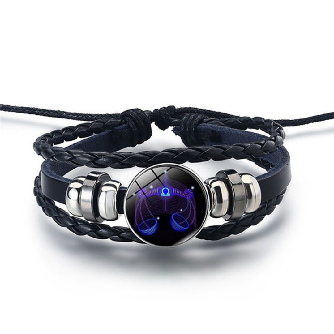 Adjustable Leather Zodiac Bracelet with Blue Stone Charm for Men & Women | Classic Wrist Cuff with Astrology Symbol | Handcrafted Steel &