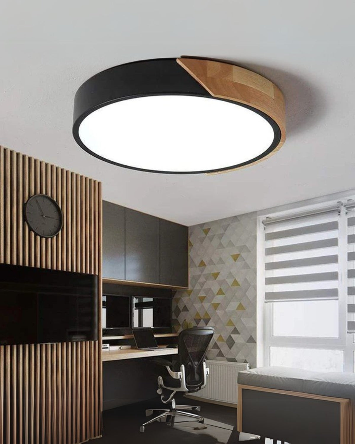 Round Flush Mount Ceiling Light with Wood Accent and Integrated LED – Modern Low Profile Fixture in 9, 12, 16, 20, and 24 inch Sizes for Liv