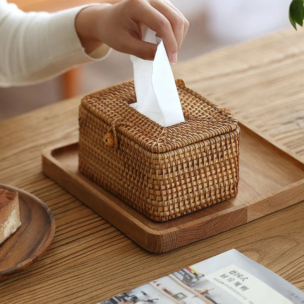 Raven Rattan Tissue Box Cover - Handwoven Natural Elegance