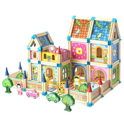 Wooden Modular Dollhouse Construction Set – Creative Building Activity for Kids Age 2+ with Architectural Pieces, Doors & Windows