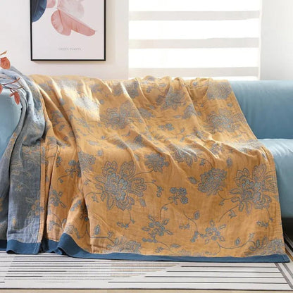Lightweight Cotton Gauze Throw Blanket with Floral Design for Year-Round Comfort, Breathable Bedding for Bedroom, Sofa, or Guest Room