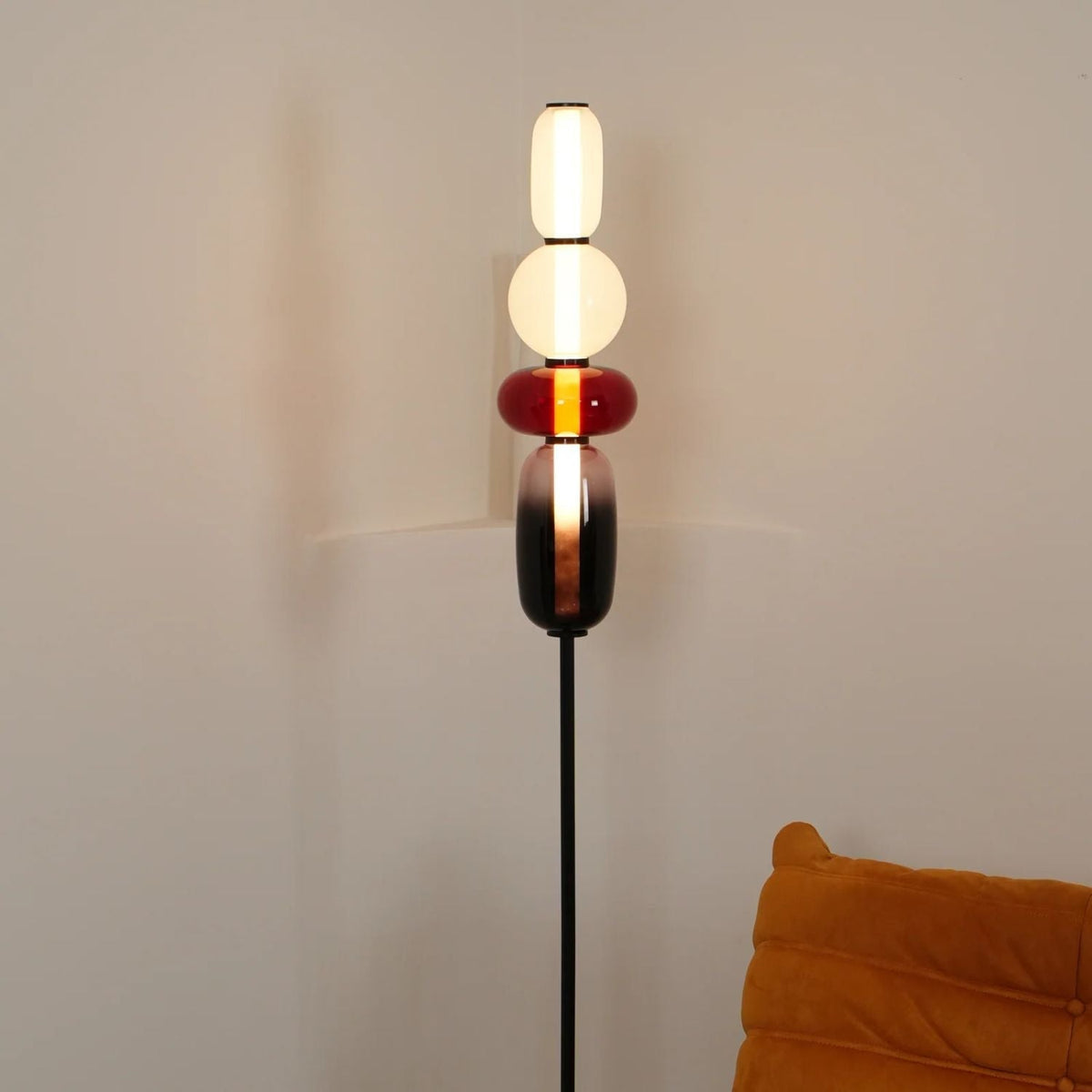 Artisan Glass Standing Lamp 63 in Red White Black Accent Light for Living Room Contemporary Sculptural Décor LED Uplight Statement Piece