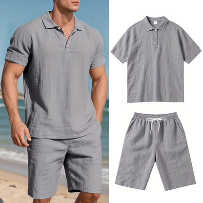 Men's Short-Sleeve Polo & Shorts Linen Set Summer Two-Piece Outfit Lightweight Breathable Casual Wear for Warm Weather