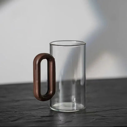 Transparent Glass Coffee Mug with Wood Grip – 12 oz Heat-Safe Borosilicate Cup for Tea, Latte, Hot Cocoa