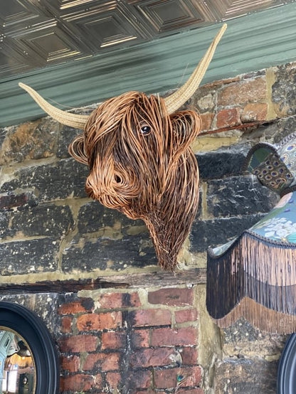 Woven Cattle Head Wall Hanging Natural Fiber 25×21 Inch Statement Piece Farmhouse Boho Decor Textured Animal Sculpture