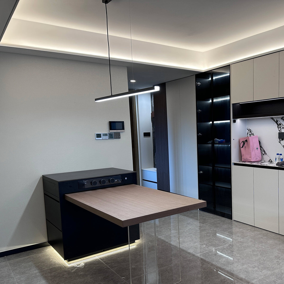 Suspended LED Strip Fixture for Countertop Islands – Dimmable Metal Bar Light with Remote in Matte or Gloss White – 39 to 102 in Adjustable