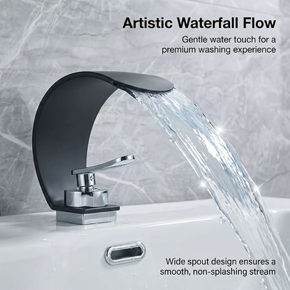 Curved Waterfall Bathroom Sink Faucet with Mirror Finish – Single Handle Hot & Cold Mixer Tap for Modern Vanity & Basin – Polished