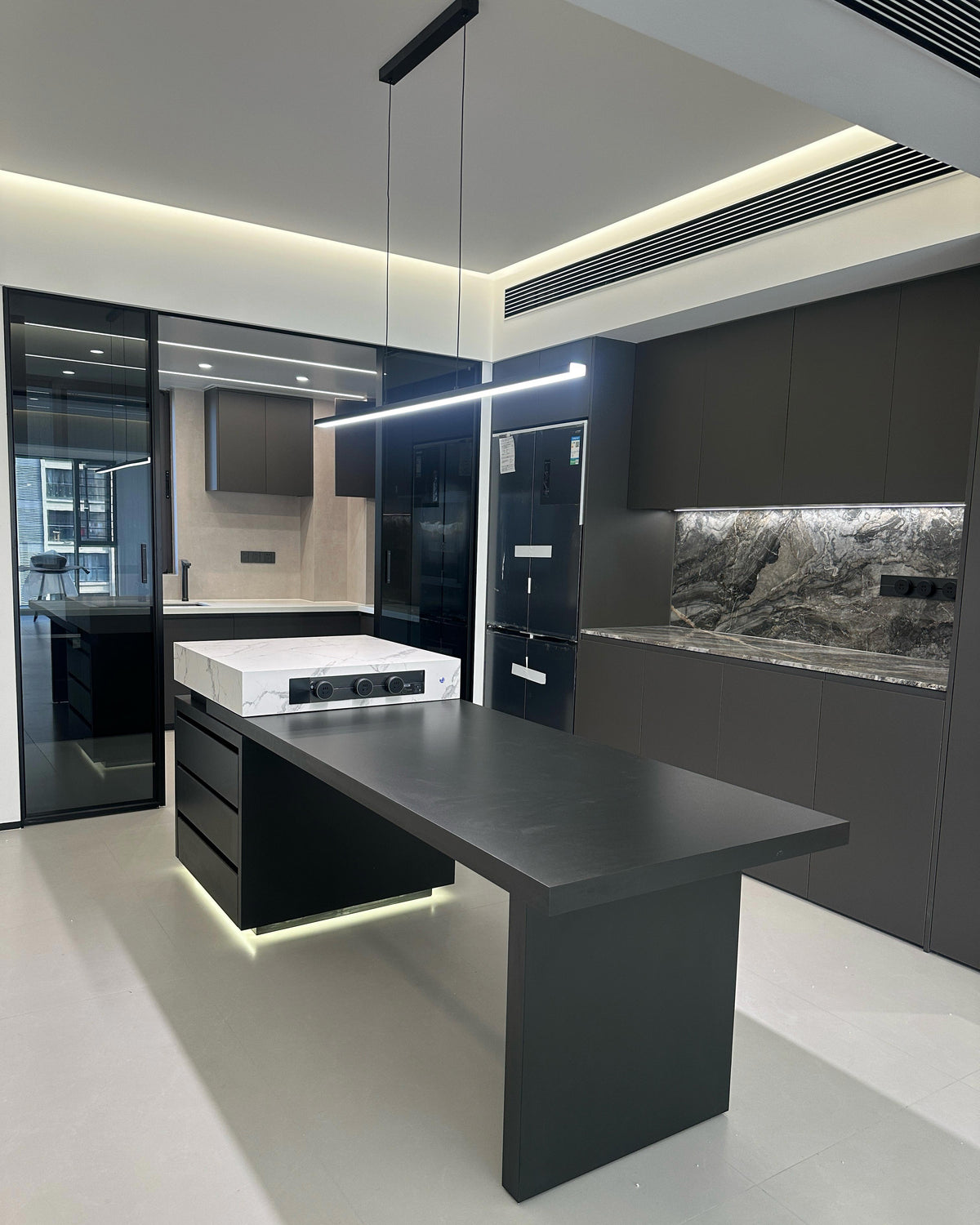 Suspended LED Strip Fixture for Countertop Islands – Dimmable Metal Bar Light with Remote in Matte or Gloss White – 39 to 102 in Adjustable