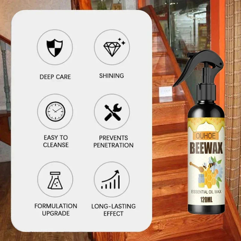 Furniture Polish Spray with Pure Beeswax for Wood Care – Restores Shine & Removes Buildup on Cabinets, Tables, Chairs – Non-Toxic Formula