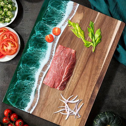 Acacia Wood Serving Board with Resin Wave Inlay 18x9 Inch Coastal Charcuterie Tray for Cheese Fruit Bread Kitchen Decor