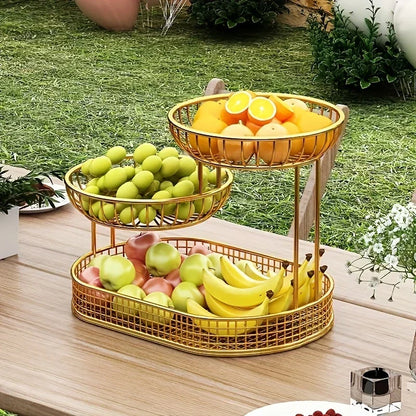 Three-Tier Countertop Organizer Stand Metal 10×9×6.5 Inches Gold Produce Holder Display Rack for Kitchen Dining Room Snacks Appetizers Pastr