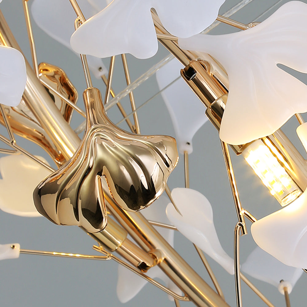 Ceramic Leaf Cluster Pendant Light with Adjustable Cord – Gold Metal Frame Multi-Bulb Chandelier for Dining Room, Living Room & Bedroom
