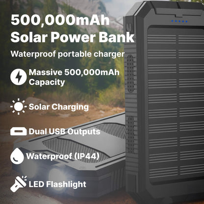 Rechargeable Battery Pack 500000mAh Dual-Port USB Outdoor Emergency Backup with Solar Panel and LED Flashlight for Camping Travel Hiking