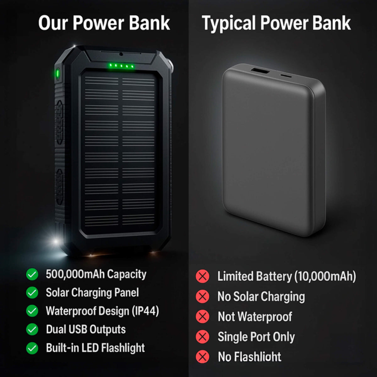 Rechargeable Battery Pack 500000mAh Dual-Port USB Outdoor Emergency Backup with Solar Panel and LED Flashlight for Camping Travel Hiking