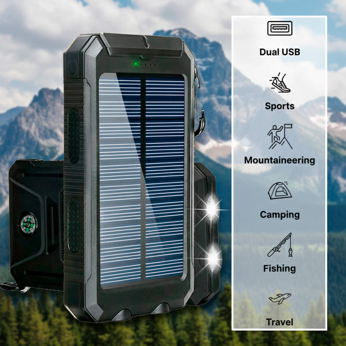 Rechargeable Battery Pack 500000mAh Dual-Port USB Outdoor Emergency Backup with Solar Panel and LED Flashlight for Camping Travel Hiking