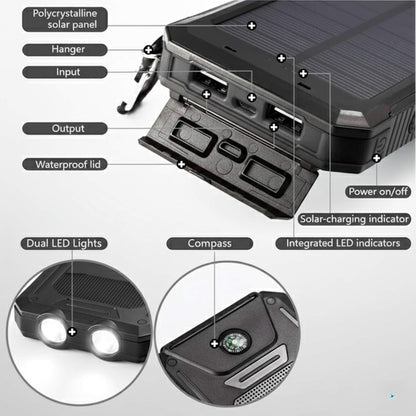 Rechargeable Battery Pack 500000mAh Dual-Port USB Outdoor Emergency Backup with Solar Panel and LED Flashlight for Camping Travel Hiking