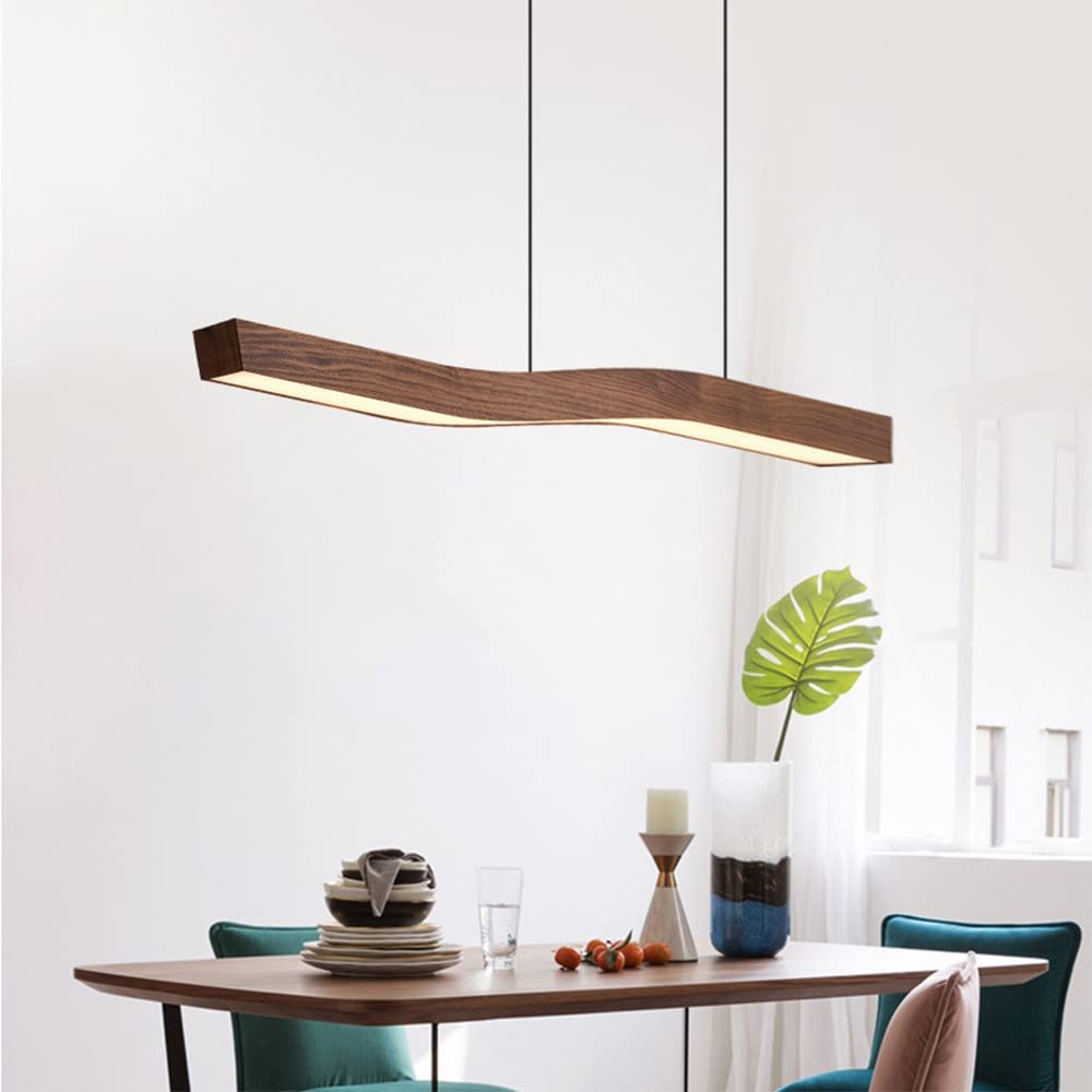 Modern Wave Pendant Light with Walnut-Finish Metal Frame & Dimmable LED for Dining Room Kitchen
