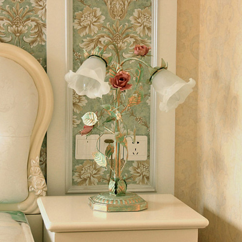 Vintage Metal Nightstand Lamp with Floral Glass Shade for Bedroom, Bedside Table Accent Light, Shabby Chic Cottage Décor
