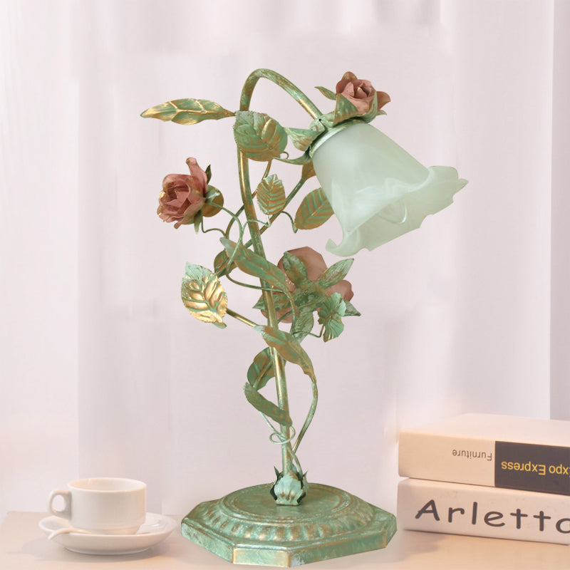 Vintage Metal Nightstand Lamp with Floral Glass Shade for Bedroom, Bedside Table Accent Light, Shabby Chic Cottage Décor