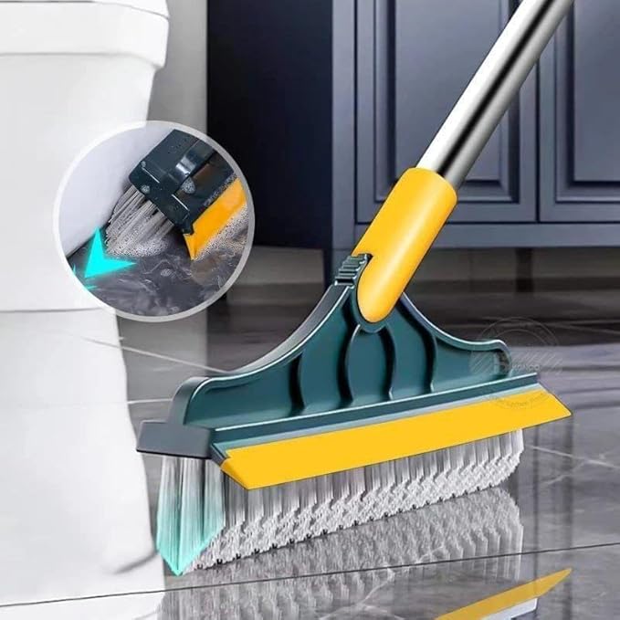 Rotating Head Bathroom Floor Scrubber with Squeegee for Tiles, Tubs & Grout – Long Handle Cleaning Tool for Corners & Tight Spaces