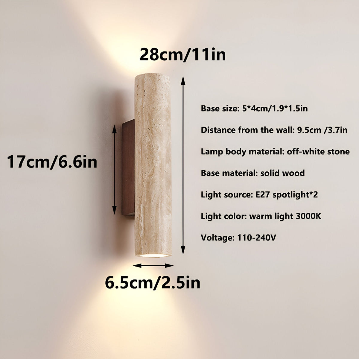Travertine Stone Sconce Dual-Direction Light 12.6 Inch Vertical Fixture Natural Beige E27 Socket for Bedrooms Hallways Staircases Living Roo