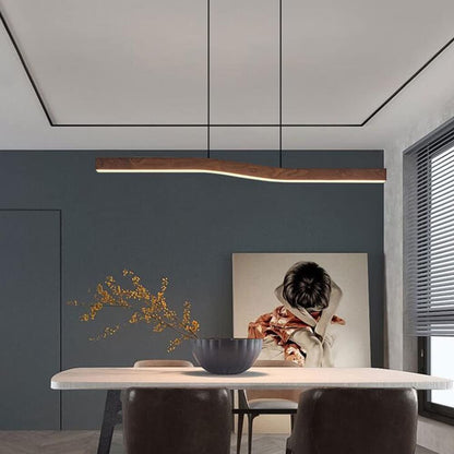 Modern Wave Pendant Light with Walnut-Finish Metal Frame & Dimmable LED for Dining Room Kitchen