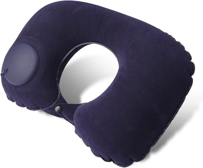 Inflatable Neck Travel Pillow with Built-In Hand Pump for Airplane, Car & Train Trips | Waterproof Ergonomic Support | Compact Portable Desi