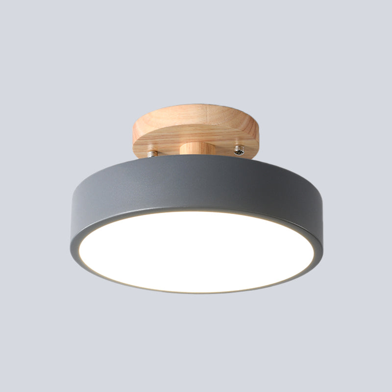 Modern LED Ceiling Light 8-Inch Drum with Wood Accent for Hallways Bedrooms Living Rooms Semi-Flush Mount Metal Fixture Nordic Style