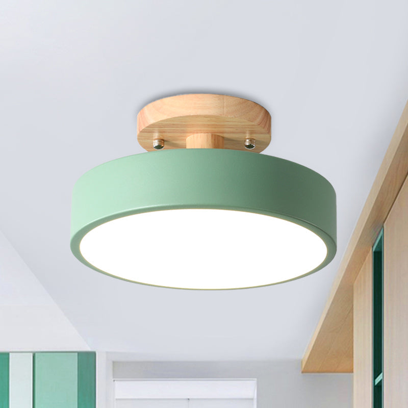 Modern LED Ceiling Light 8-Inch Drum with Wood Accent for Hallways Bedrooms Living Rooms Semi-Flush Mount Metal Fixture Nordic Style