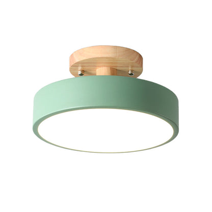 Modern LED Ceiling Light 8-Inch Drum with Wood Accent for Hallways Bedrooms Living Rooms Semi-Flush Mount Metal Fixture Nordic Style
