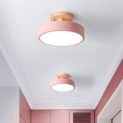 Modern LED Ceiling Light 8-Inch Drum with Wood Accent for Hallways Bedrooms Living Rooms Semi-Flush Mount Metal Fixture Nordic Style