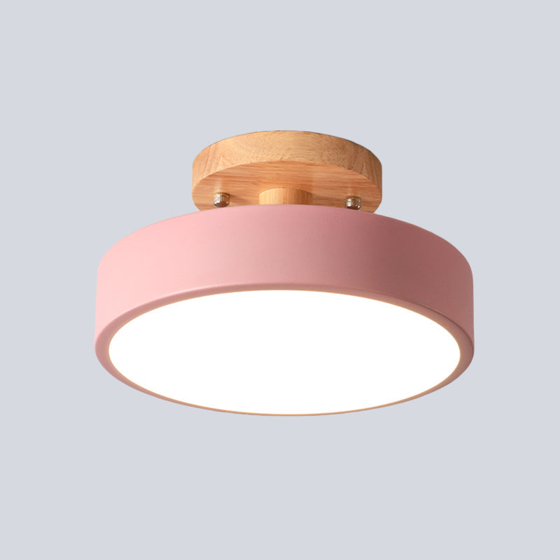 Modern LED Ceiling Light 8-Inch Drum with Wood Accent for Hallways Bedrooms Living Rooms Semi-Flush Mount Metal Fixture Nordic Style