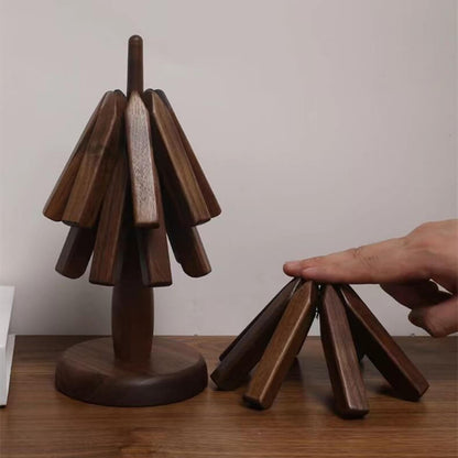 Wooden Heat Protector for Hot Pans & Pots — Walnut Folding Stand with Tree-Inspired Shape for Kitchen Tables, Countertops & Dining Rooms